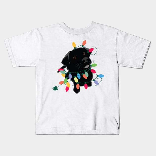 Puppy With Christmas Lights Kids T-Shirt by DesignCat